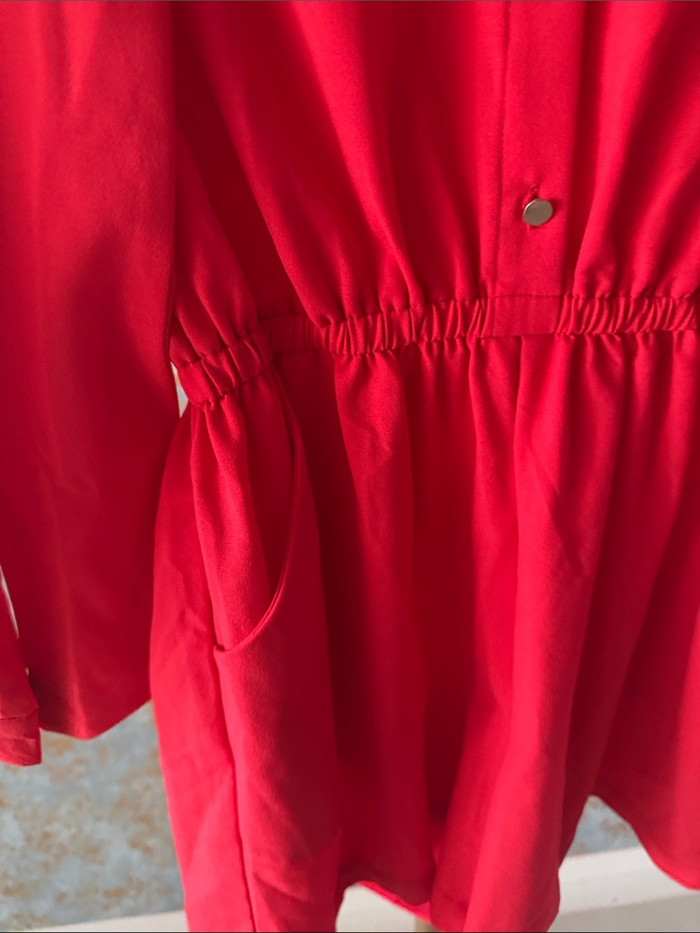 Marilyn Monroe Bright Red Long-Sleeve Button Romper with Neck Tie - Picture 4 of 7